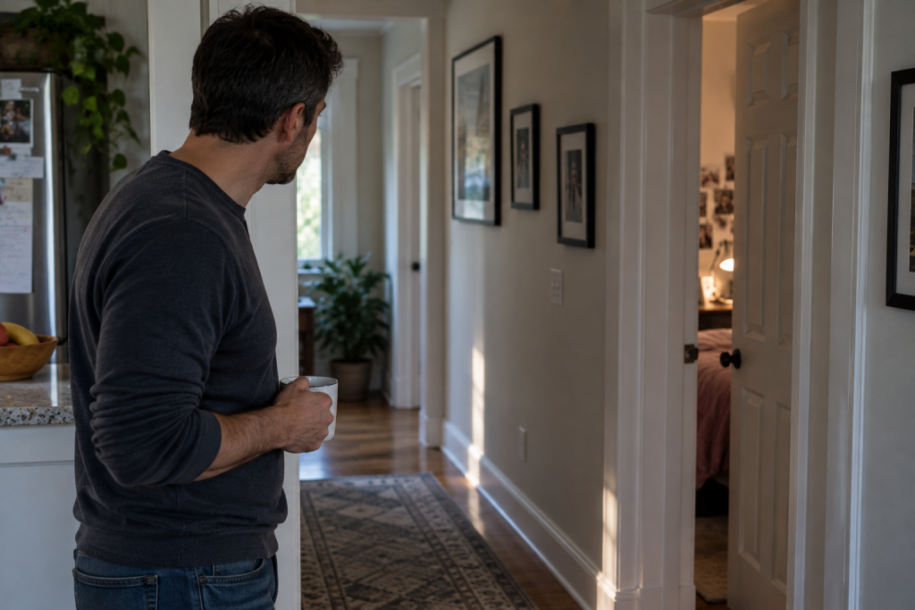 A parent glances down the hallway toward their child's partly-open bedroom door, watchful but unsure.