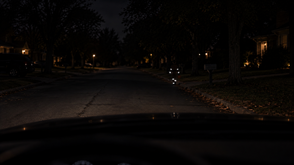 Points of retroreflective light at a walking figure's joints, visible against total darkness, illustrating a biomotion configuration.