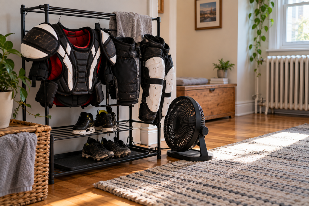 Gear drying in an open apartment corner away from the radiator.