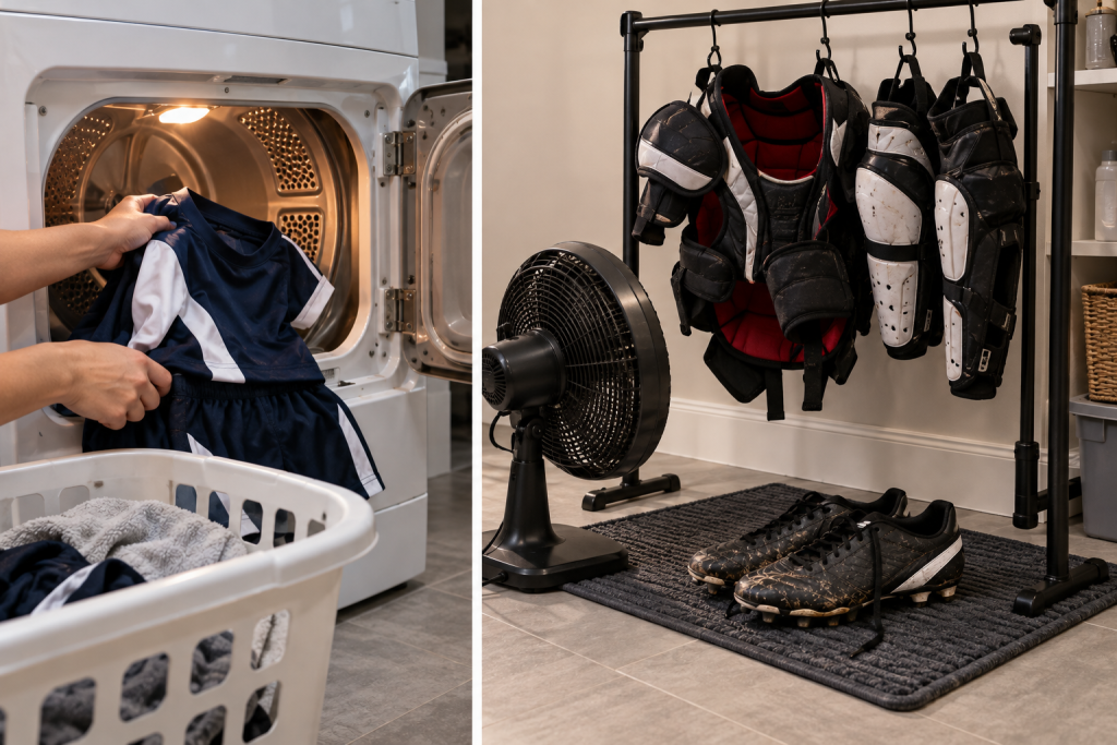 A uniform going into the dryer while hockey pads and cleats air-dry beside a fan.