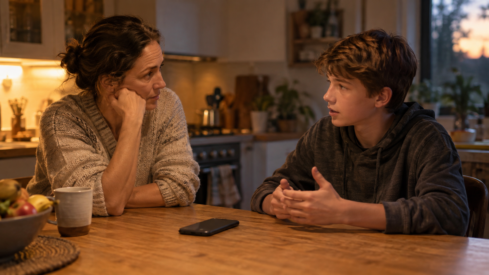 Parent and preteen having a calm conversation at the kitchen table with a smartphone resting face-down between them.