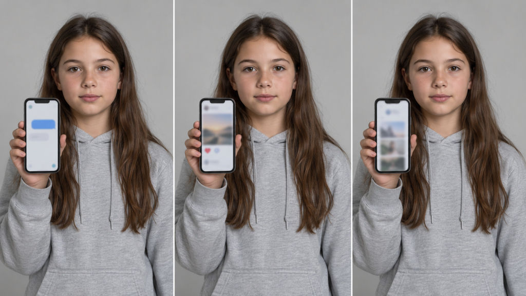 The same child is pictured three times, each holding a phone with a different kind of social media experience — private message, public post, and scrolling feed.