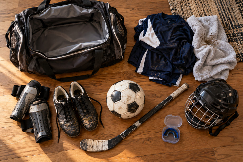 Contents of a youth sports bag sorted into four groups on the floor.