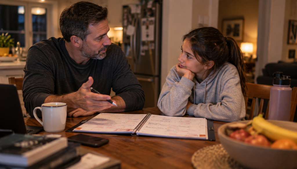 A parent and child talk at the kitchen table, a family calendar open between them.