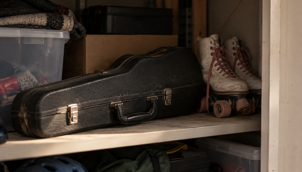 A closed violin case and a pair of dusty roller skates pushed to the back of a closet shelf, unused.