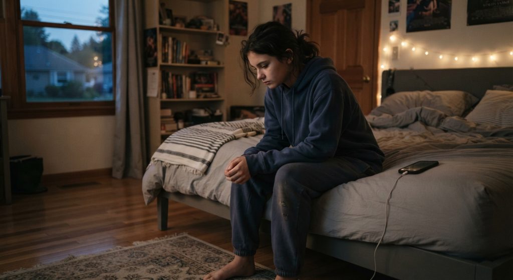 A teenager sits thoughtfully on the edge of her bed, looking down, with her phone beside her in the dim evening light.