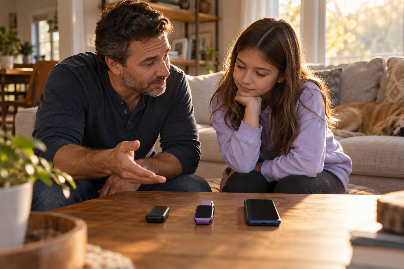 A father and daughter looking over a GPS tracker, a smartwatch, and a phone laid out on a coffee table, weighing which device fits their family's situation.