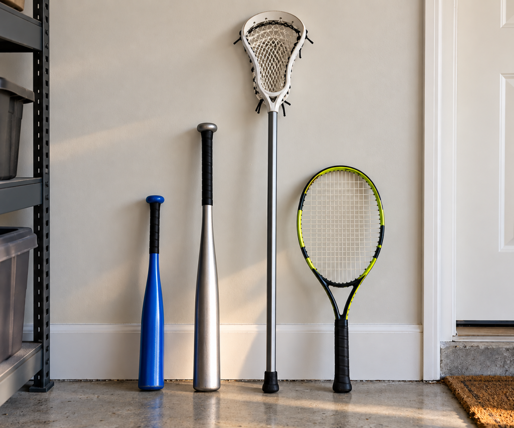 Bats, a lacrosse pole, and a tennis racket lined up for a length comparison.