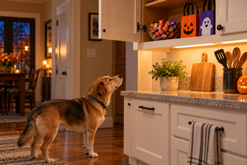 A bowl of Halloween candy and trick-or-treat bags stored on a high shelf, out of reach of a dog looking up at them.
