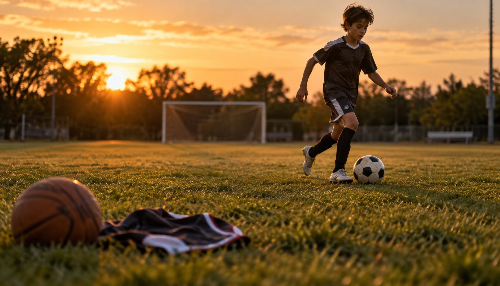Young soccer player on the field at sunset with a basketball and jersey left behind, symbolizing youth sports specialization.