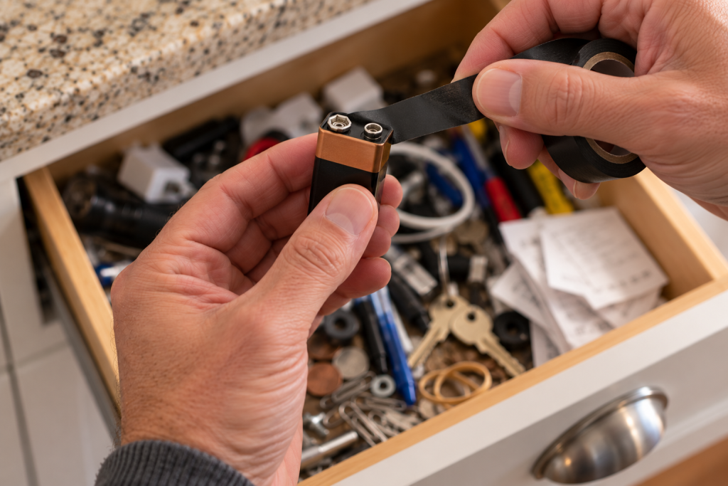 Taping the posts of a 9-volt battery after removing it from a junk drawer.