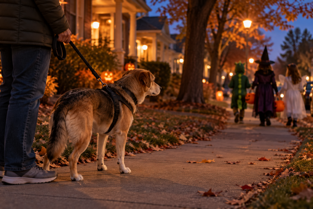 A leashed dog stands still with its ears slightly back as costumed children pass, while the adult holding the leash pauses to watch.