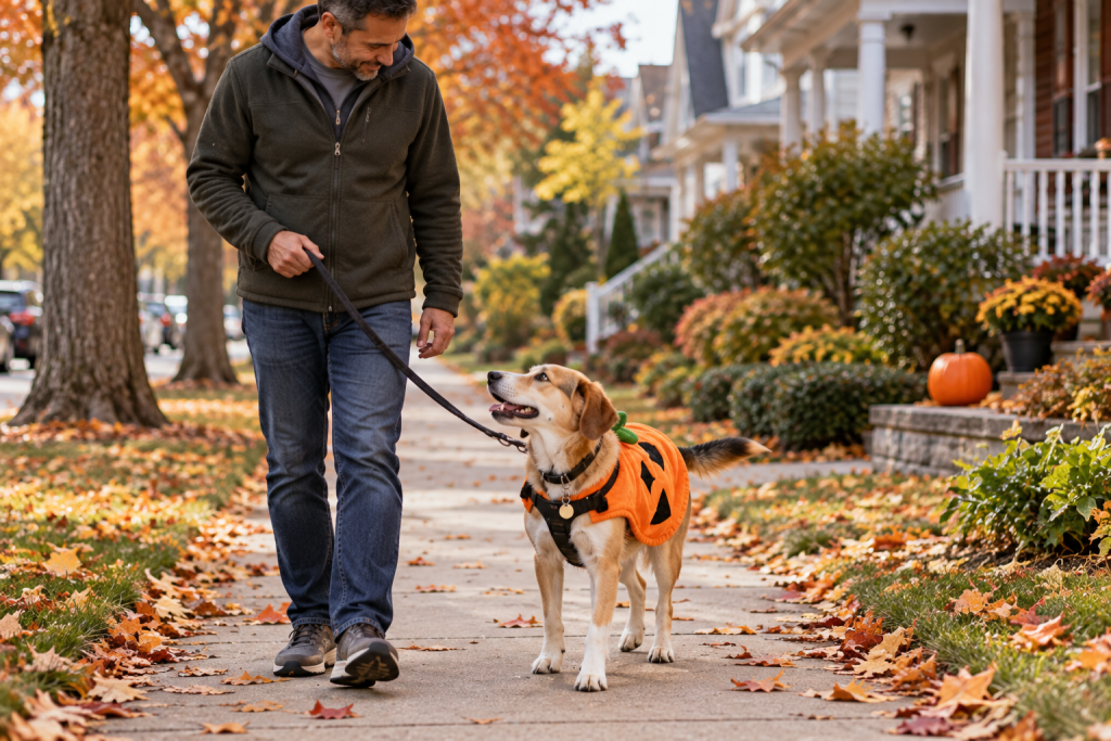 An adult walking a dog in a simple costume on an ordinary day, checking that the dog's ears and harness stay visible.