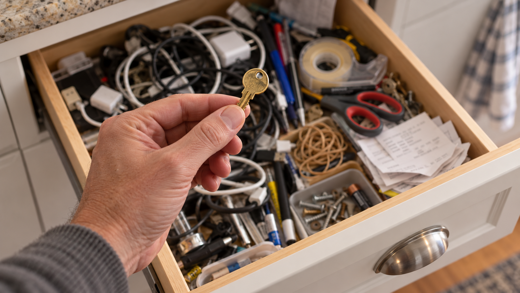 A hand holding a small unidentified key above an open, cluttered kitchen junk drawer.