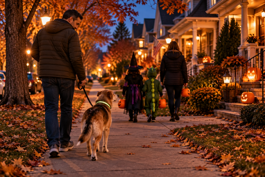 One adult focused on a leashed dog with a reflective collar while another adult walks with trick-or-treating children.