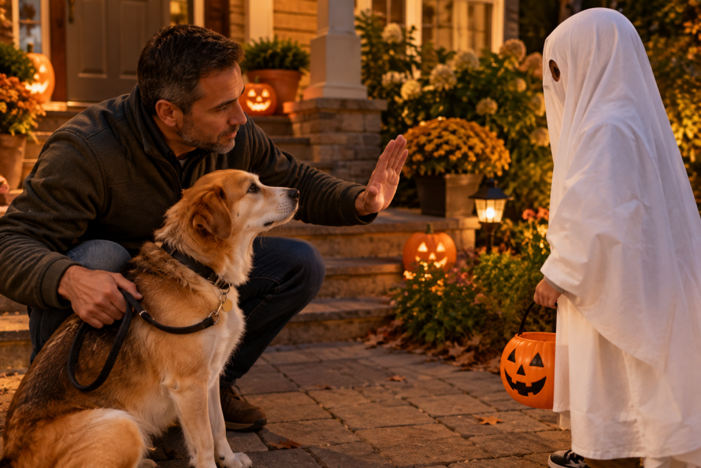 An adult crouches beside a leashed dog, watching its face, while signaling a costumed child to wait a step back.
