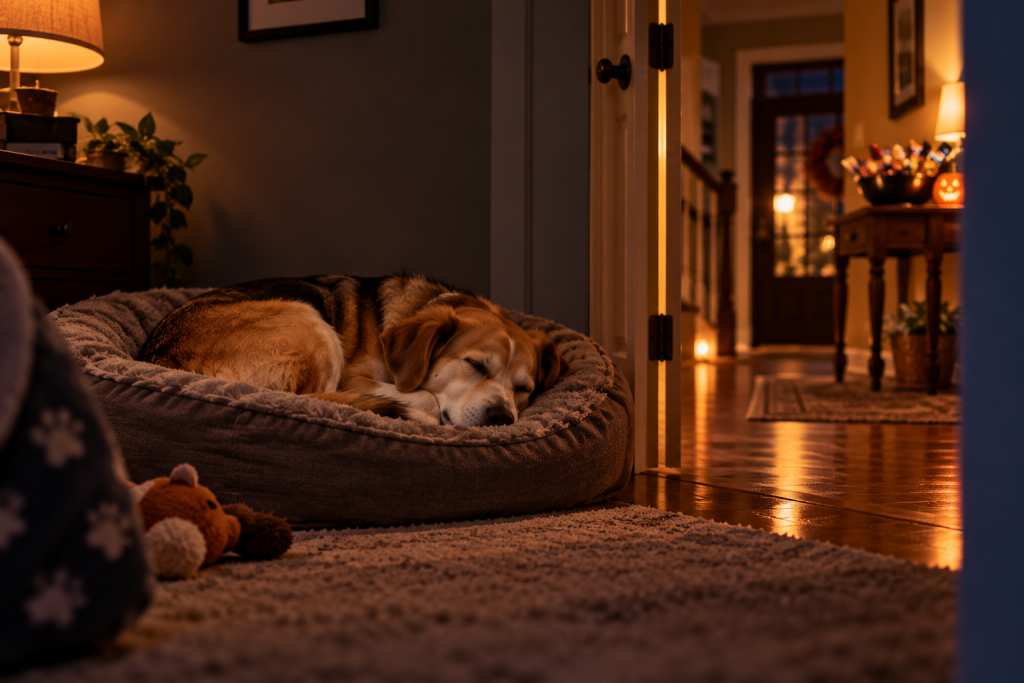 A dog sleeps peacefully on its bed in a quiet room late on Halloween night.