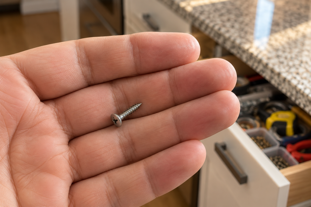 A tiny unidentified screw resting in an open palm above a kitchen counter.