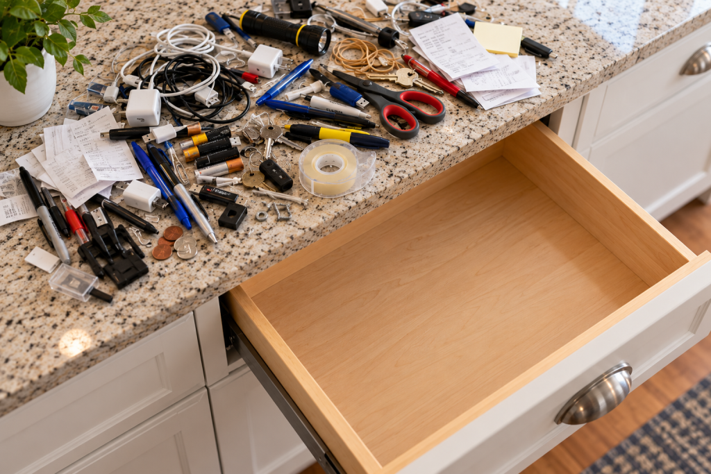 A junk drawer emptied onto a kitchen counter, its contents spread out before any sorting.