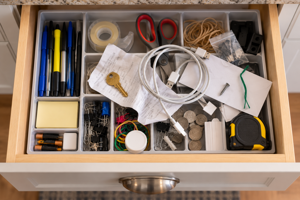 An organized junk drawer with divider trays starting to fill up again with new random items.