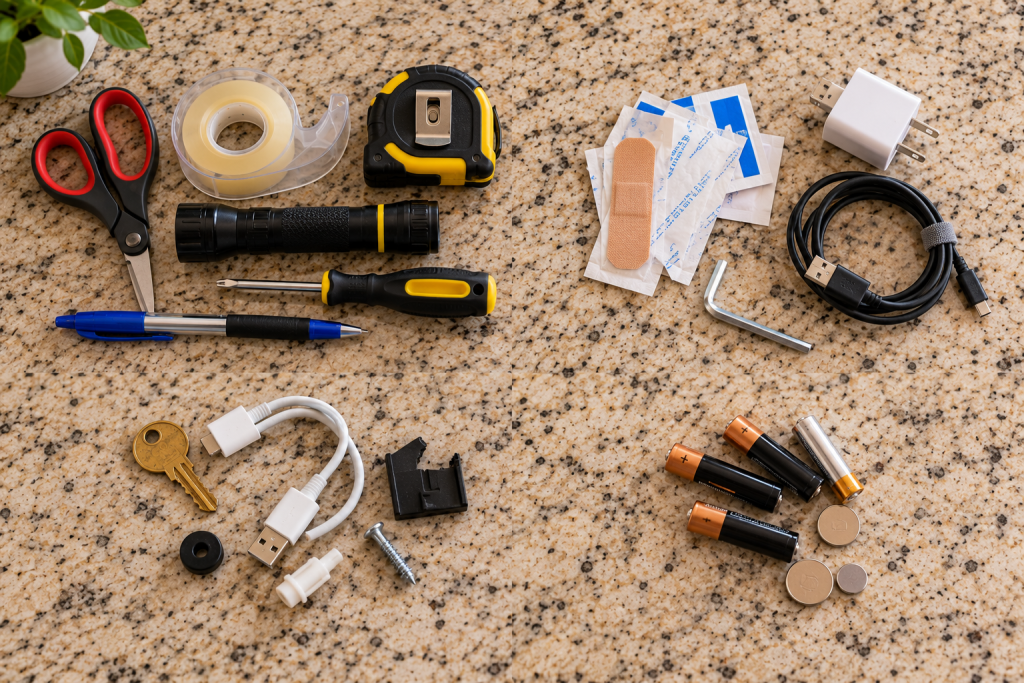 Junk drawer contents sorted on a kitchen counter into four groups.