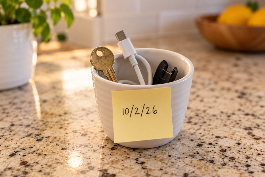 A small cup holding a mystery key and unidentified cable, marked with a dated sticky note as a temporary spot.